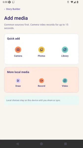 Add media screen with Camera, Photos, Library, Draw, Record, and Video choices