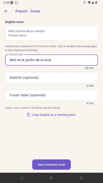 French cover editor with the keyboard-language hint and translated title