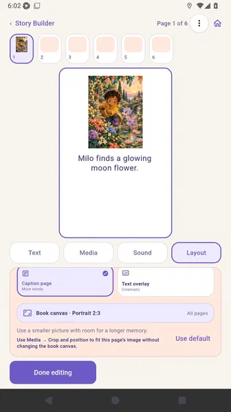 Page editor preview with Caption page selected for page one