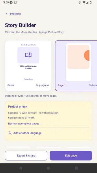 Story Builder showing Milo and the Moon Garden as a six-page Picture Story
