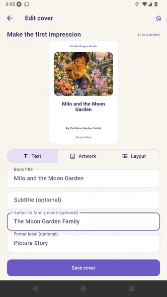 Cover Text panel filled with a bedtime subtitle and family author