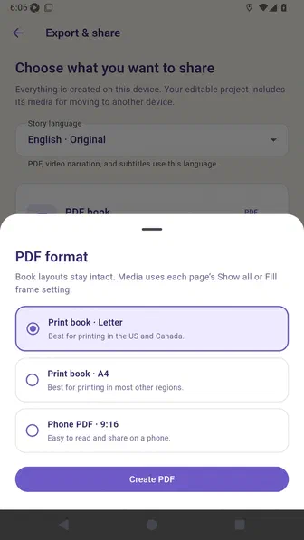 PDF format sheet with Letter, A4, and Phone PDF choices