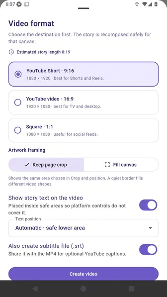 Video format sheet showing YouTube Short framing, story text, and subtitle settings