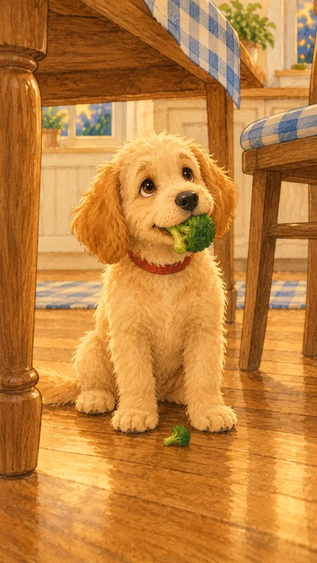 Max, a curly golden puppy with a red collar, sitting under the kitchen table with broccoli in his mouth