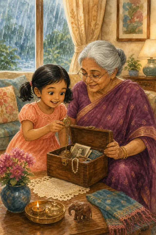 Watercolor of Maya and Grandma Leela opening an old wooden keepsake box beside a rainy window