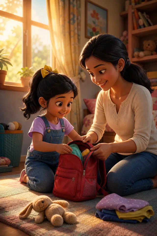 3D illustration of Tara packing her red backpack with her mum in a sunlit room