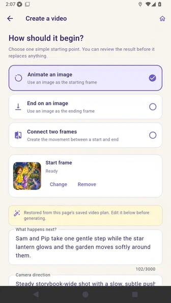 Create a video screen showing the Motion starting modes supported by the selected quality