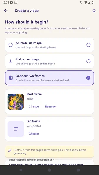 Connect two frames selected with separate Start frame and End frame cards
