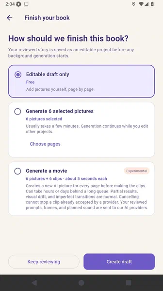 Finish your book screen with draft, generated picture, and movie choices