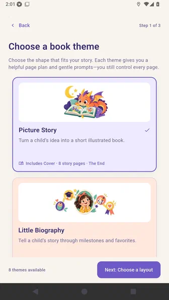 Book theme chooser with Picture Story selected
