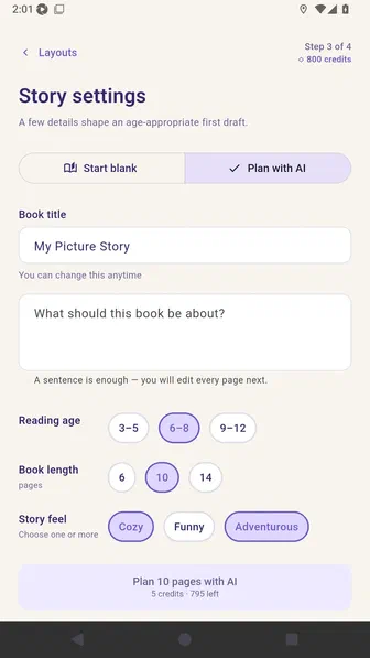 Story settings with Plan with AI selected and the premise field visible