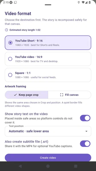 Vertical story-video options showing artwork framing and story-text controls