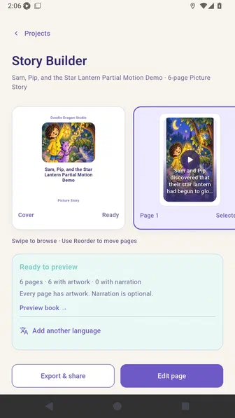 Story Builder displaying a Play video on page one action