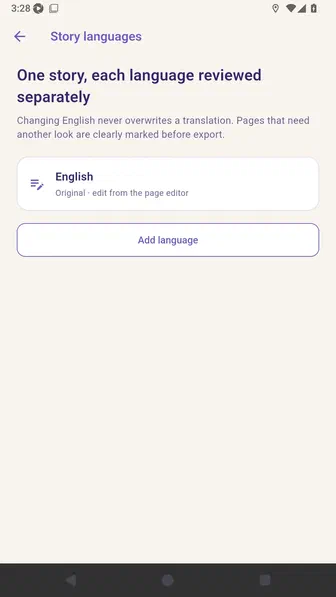 Story languages screen showing English as the original and the Add language button