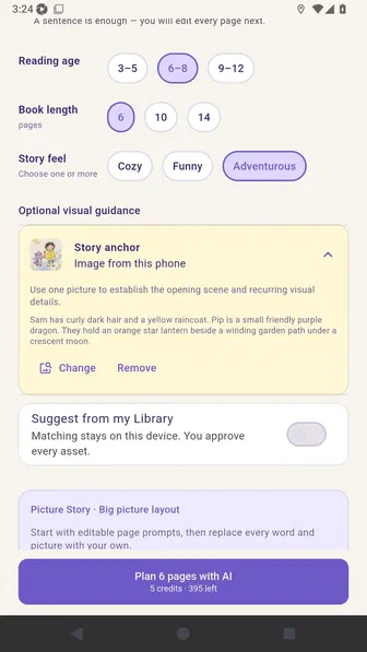 Story settings showing the child-drawn Sam and Pip sketch selected as the story anchor