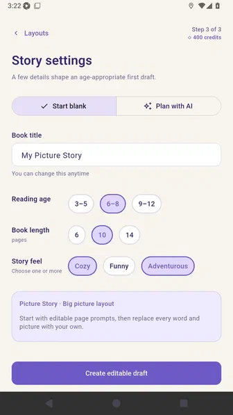 Story settings with the Start blank tab selected and the Create editable draft action visible
