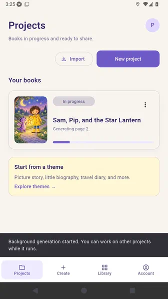 Projects screen showing background picture generation for Sam, Pip, and the Star Lantern