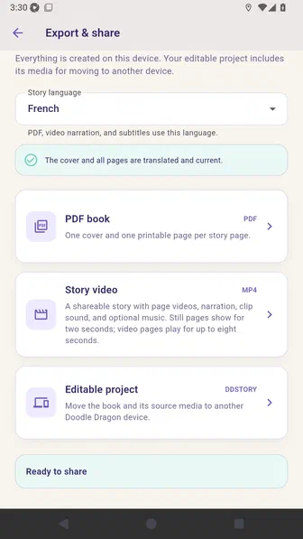 Export screen confirming the AI-assisted story PDF is ready to share