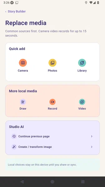 Page media source screen with Continue previous page and Create or transform image